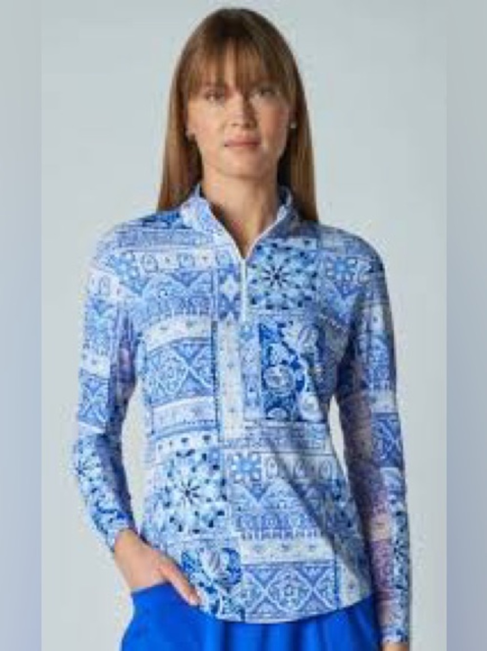 G Lifestyle Women's Blue Patchwork Print Golf Pullover Top Large
